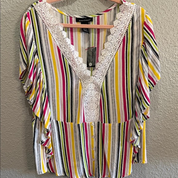 Ashley Stewart Tops - Ashley Stewart Multicolor Striped V-Neck Lace-Trim Blouse size 14/16